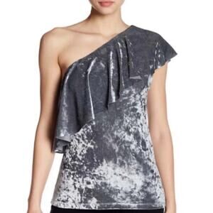 New Grey Silver Tart one off the shoulder Ruffled Blouse Crushed Velvet Medium
